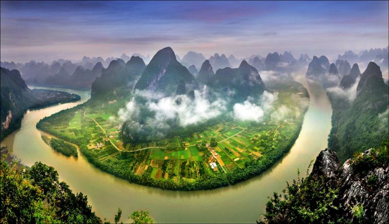 The view of Yangshuo and Xingping from the air