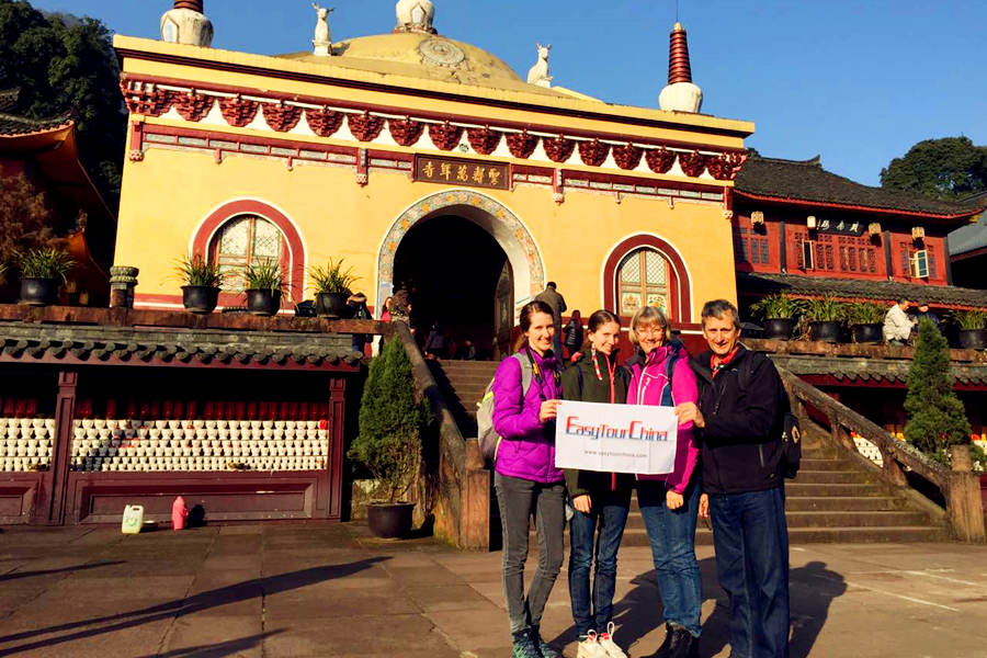 A family from USA visit temple at Mount Emei