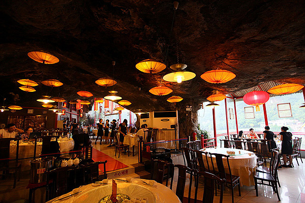 Wide and bright cave restaurant