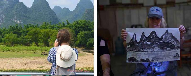 Female travelers Cruise Li River and paint paper fans in Yangshuo