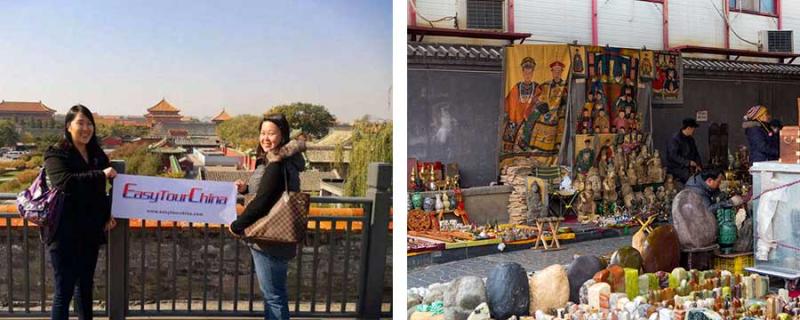 Female travelers visit Forbidden City and Panjiayuan Antique Market ofBeijing