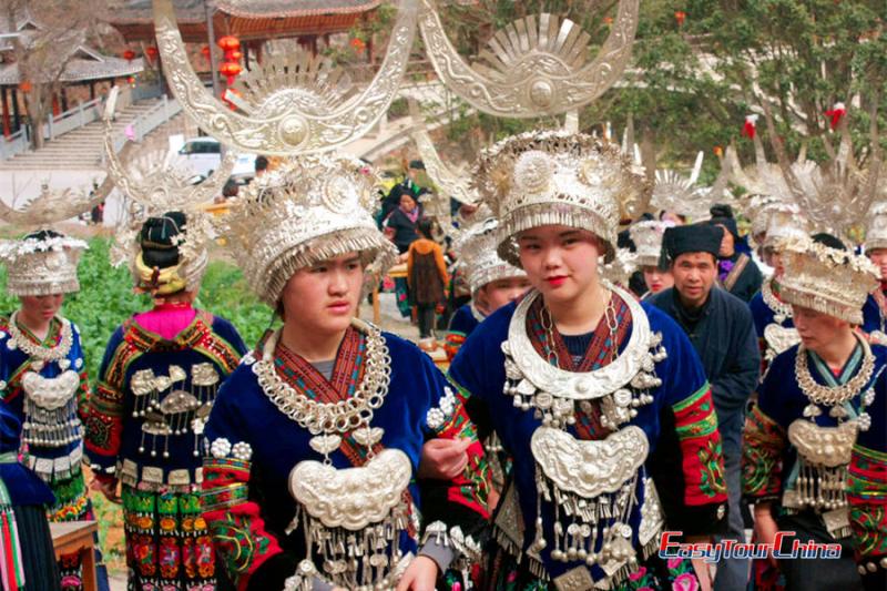 The miao girls are dressed up at the Sister's Meal Festival