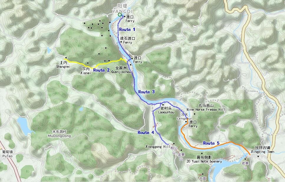 Map of Li River Hiking Routes
