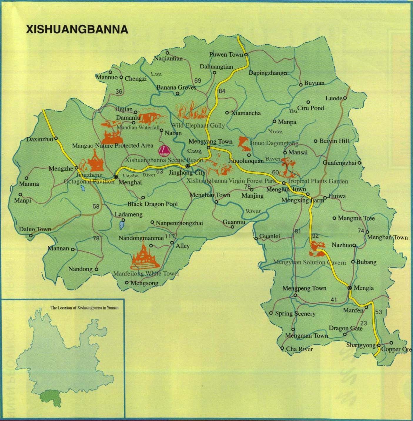 Xishuangbanna Map with Scenic Spots