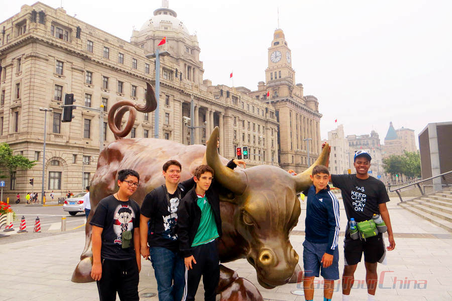 Students visit The Bund and take photo with the ox