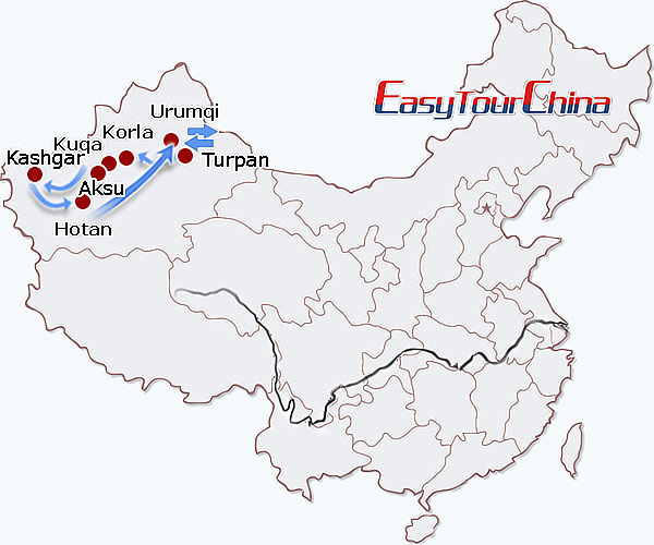 China travel map - Silk Road Xinjiang Highlights Tour