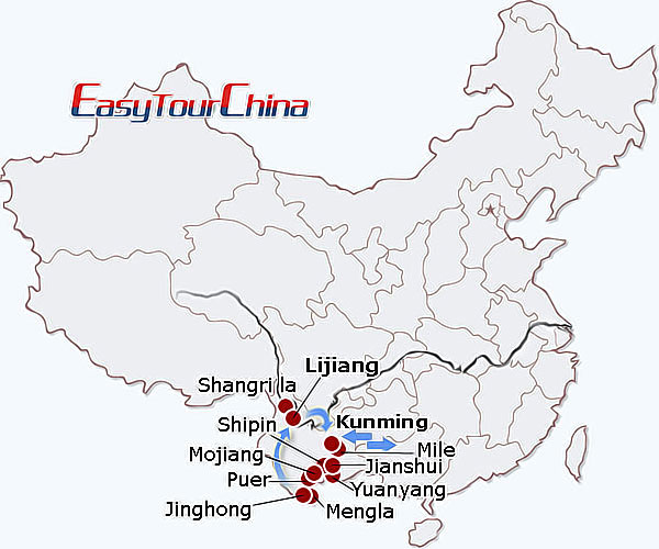 China travel map - Yunnan Odyssey Tour along Ancient Tea-horse Road