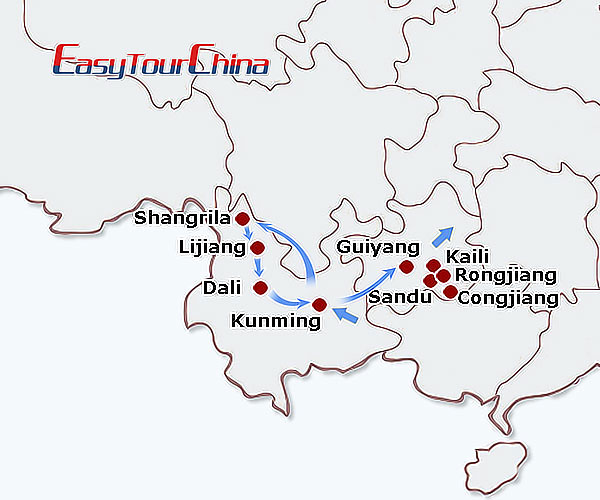 China travel map - Yunnan and Guizhou Getaway Tour
