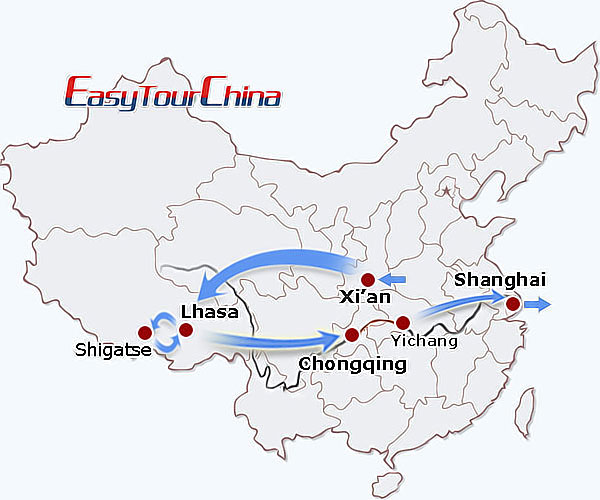 China travel map - Impressive China Tour: Tibet & Yangtze Cruise