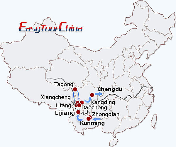 China travel map - Yunnan+Sichuan Escape Tour
