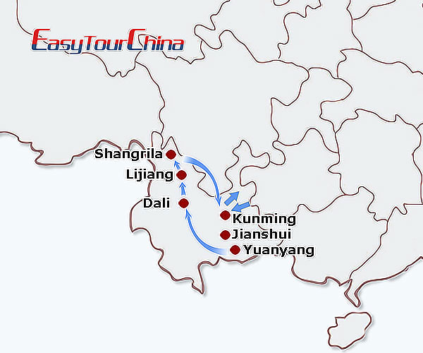 China travel map - Yunnan Highlights Tour