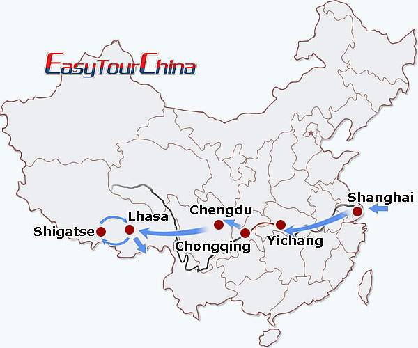 China travel map - Tibet & Yangtze Combo