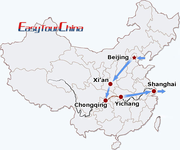 China travel map - China Golden Triangle with Yangtze Cruise