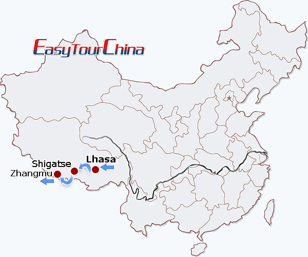 China travel map - Overland Tour of Tibet to Nepal