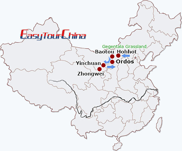 China travel map - China Grassland & Desert Discovery