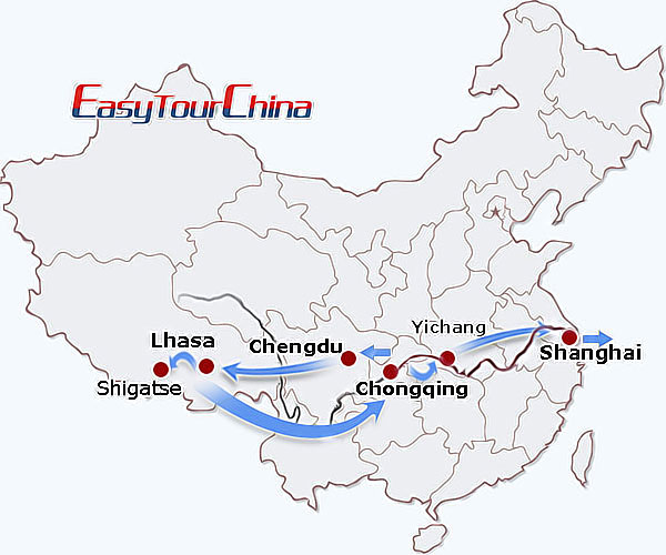 China travel map - Majestic West China Tour with Tibet, Yangtze and Panda