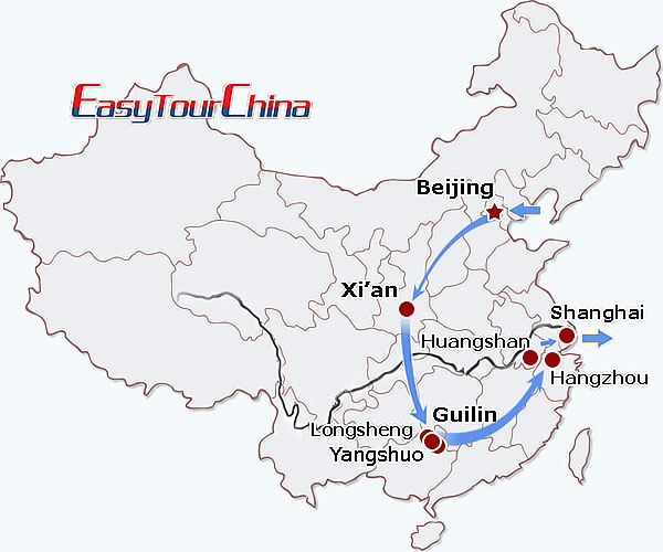 China travel map - 16 Days China Walking Holiday