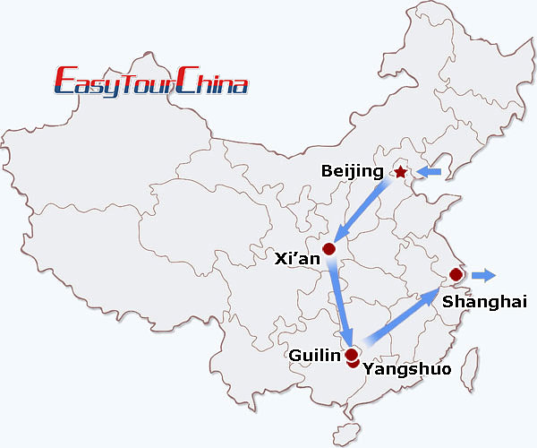 China travel map - 11 Days China Highlights Tour