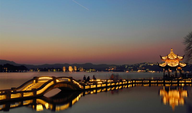West Lake night view when the bridge are illuminated by lights